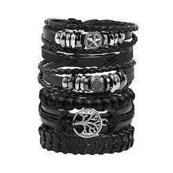 JJDreams 6PCS Punk Lederarmband Herren Wikinger Armband Schwarz Lederarmband Gothic Rock Armband Set von JJDreams