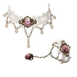JJDreams Gothic Halskette mit Armband für Damen elegant Spitzenkette schwarz Armband mit Rose Anhänger von JJDreams