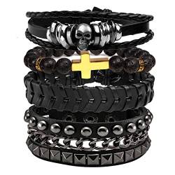 JJDreams Lederarmband Herren Set Punk Armband Breit Rocker Armband Schwarz Schädel Armreifen Gothic von JJDreams