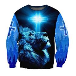 JJLLAZAD Christian Unisex Hoodie, Gott Jesus 3D Print Full Zip Casual Lose Sweatshirt Herbst Langarm Kreuz Harajuku Jacke,Lion Blue Sweater,XXL von JJLLAZAD