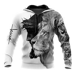 JJLLAZAD Jesus Sweatshirt Realistischer Löwe 3D Print Hoodie Christian Faith Herbst Pullover Mit Großer Tasche Und Reißverschluss Modischer Harajuku-Mantel,Jesus Lion Hoodie,XXL von JJLLAZAD