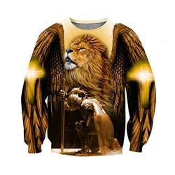 JJLLAZAD Jesus Sweatshirt Realistischer Löwe 3D Print Hoodie Christian Faith Herbst Pullover Mit Großer Tasche Und Reißverschluss Modischer Harajuku-Mantel,Lion Knight Sweater,L von JJLLAZAD