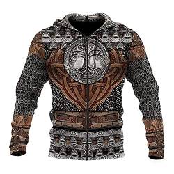 JJLLAZAD Viking Herren Rüstung Hoodie, 3D Vollständig Bedruckter Cosplay Retro Kapuzenpullover Mit Yggdrasil Muster, Herbst Freizeitjacke,Yggdrasil02 Zip Hoodie,M von JJLLAZAD