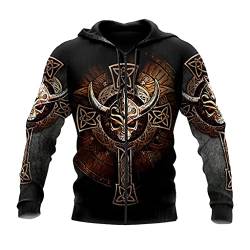 JJLLAZAD Viking Hoodie 3D-Druck Kreuzknoten Totenkopf Muster Lässige Lose Zip Hoodie Unisex Casual Harajuku Style Sweatshirt Jacke,Cross Knot Zip Hoodie,M von JJLLAZAD