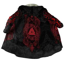 JJLLAZAD Wikinger Wintermantel Gepolstert für Männer, 3D Druck Warmer Umhang Mittellange Kapuzenjacke Cosplay Nordische Kleidung,Valknut raven,XL von JJLLAZAD