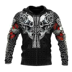 Viking Hoodie 3D-Druck Kreuzknoten Totenkopf Muster Lässige Lose Zip Hoodie Unisex Casual Harajuku Style Sweatshirt Jacke,Celtic Skull Zip Hoodie,3XL von JJLLAZAD