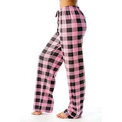 JJggsi4 Freizeithose Damen Lang Schlafanzughose mit Taschen und Kordelzug Fitness Stretch Drawstring Hosen Karierte Schlafhose weich Pyjamahose Weites Bein Hose trandhose Lange gerade Hose Haushose von JJggsi4