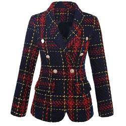 Tweed Vintage Plaid Blazer Retro Slim Fit Damen Jacke Outwear, burgunderfarben, 52 von JJzex