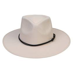 JK Home Fedora-Hut mit breiter Krempe, Wollfilz, Panama-Kappe, Einheitsgröße, Unisex, Damen, Herren, schwarzes geflochtenes Lederband, Beigefarbenes geflochtenes Leder, Einheitsgröße von JK Home