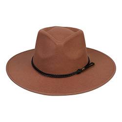 JK Home Fedora-Hut mit breiter Krempe, Wollfilz, Panama-Kappe, Einheitsgröße, Unisex, Damen, Herren, schwarzes geflochtenes Lederband, Braunes geflochtenes Leder, Einheitsgröße von JK Home