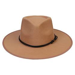 JK Home Fedora-Hut mit breiter Krempe, Wollfilz, Panama-Kappe, Einheitsgröße, Unisex, Damen, Herren, schwarzes geflochtenes Lederband, Khakifarbenes geflochtenes Leder, Einheitsgröße von JK Home