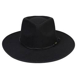 JK Home Fedora-Hut mit breiter Krempe, aus Wollfilz, Panama-Kappe, Einheitsgröße, Unisex, Damen und Herren, schwarzes geflochtenes Lederband, Black Braided Leather, Einheitsgröße von JK Home