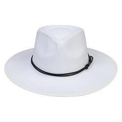 JK Home Fedora-Hut mit breiter Krempe, aus Wollfilz, Panama-Kappe, Einheitsgröße, Unisex, Damen und Herren, schwarzes geflochtenes Lederband, White Braided Leather, Einheitsgröße von JK Home