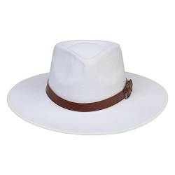 JK Home Fedora-Hut mit breiter Krempe, aus Wollfilz, Panama-Kappe, Einheitsgröße, Unisex, Damen und Herren, schwarzes geflochtenes Lederband, White Leather Ribbon, Einheitsgröße von JK Home