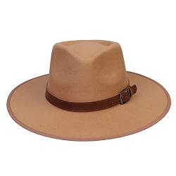 JK Home Fedora-Hut mit breiter Krempe – Wollfilz Panama-Kappe – Einheitsgröße Unisex Damen Herren – schwarzes geflochtenes Lederband, Khaki-Lederband, Einheitsgröße von JK Home