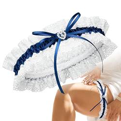 JK Trade® L-XXXL Premium Braut Strumpfband in Blau für Hochzeit, Band verziert mit Spitze, Schleife und einem edlen Herz mit filigranem Glitzer-Stein, 100% Handgefertigt (Dunkelblau) von JK Trade