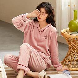 JKFDH Pyjama Damen Winter Warm,Winter Warme Flauschige Pyjamas Damen Neuheit Einfache Krone Buchstabe Rosa Fleece Pyjamas Strickjacke Nachthemd Damen Lounge Wear Sets Für Drinnen Draußen,M von JKFDH