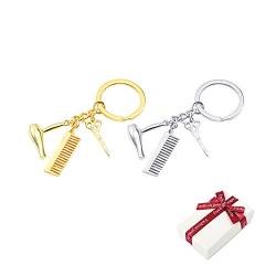JKJF Föhn Schere Kamm Schlüsselbund Friseur Schlüsselanhänger Metall Anhänger Keychain mit Geschenkbox für Handtasche Tasche Schultasche - 2 Stk Golden und Silber von JKJF