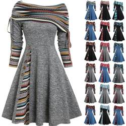 Weihnachten Schulterfrei Kleider für Damen Vintage Druck Patchwork A-Linie Kleid Lässig Locker Fließend Swing Cocktail Party Abschlussball Kleider Weihnachten Maxi Kleid für Damen von JKJFJKA