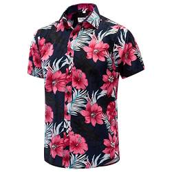 JKLPOLQ Herren Hawaiihemd Floral Casual Kurzarm Sommerhemden Hawaii Beach Print Hemd für den Urlaub(Red,L) von JKLPOLQ