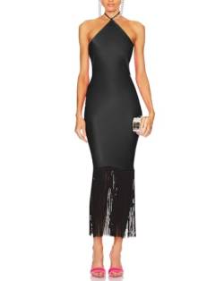 JLCNCUE Frauen Halfter Träger Bodycon Fransen Abendkleid Elegant Ärmellos Öffnen Zurück Quasten Cocktail Party Kleid 262, Schwarz, Groß von JLCNCUE