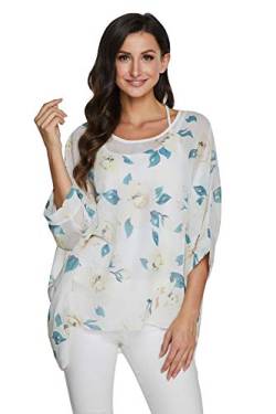 JLTPH Chiffon Böhmen Blusen Damen Boehmen Blumen Bluse Damen Boho Bluse Batwing Damenbluse 3/4 Armel Chiffon Bluse T-Shirt Fledermaus (Ohne Weste) von JLTPH