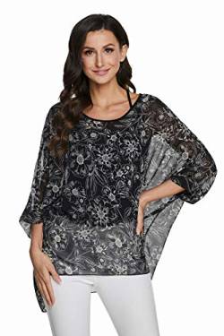 JLTPH Chiffon Böhmen Blusen Damen Boehmen Blumen Bluse Damen Boho Bluse Chiffon Tunika Kaftan T-Shirt Poncho Fledermaus Batwing Damenbluse 3/4 Armel (Ohne Weste) von JLTPH