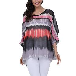 JLTPH Chiffon Böhmen Blusen Damen Boho Blumen Batwing Damenbluse 3/4 Armel Chiffon Bluse T-Shirt Fledermaus (Ohne Weste) von JLTPH