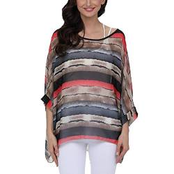 JLTPH Chiffon Böhmen Blusen Damen Boho Blumen Batwing Damenbluse 3/4 Armel Chiffon Bluse T-Shirt Fledermaus (Ohne Weste) von JLTPH