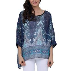 JLTPH Chiffon Böhmen Blusen Damen Boho Blumen Batwing Damenbluse 3/4 Armel Chiffon Bluse T-Shirt Fledermaus (Ohne Weste) von JLTPH