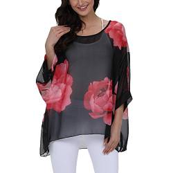 JLTPH Chiffon Böhmen Blusen Damen Tunika Chiffon Damen Boho Blumen Bluse Batwing Damenbluse 3/4 Arm Fledermaus T-Shirt Tops(Ohne Weste) von JLTPH