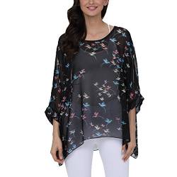 JLTPH Chiffon Böhmen Blusen Damen Tunika Chiffon Damen Boho Blumen Bluse Batwing Damenbluse 3/4 Arm Fledermaus T-Shirt Tops(Ohne Weste) von JLTPH