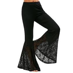 JLTPH Damen Schlaghose Spitze Weite Yogahose Stretch Skinny Lang Freizeithosen mit Gummibund Slim Fit Vintage Mode Schlaghose Tanzhose Yogahose Schwarz von JLTPH