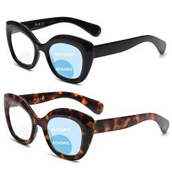 JM 2-Pack Cat-Eye Bifocal Lesebrille für Frauen, Blaues Licht Blocking Computer Leser mit Federscharnier, Schwarz & Schildkröte +1.5 von JM