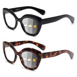 JM 2 Pack Photochrome Lesebrille für Frauen, Katzenauge Blaulicht Blockieren Federscharnier Computer Sonnenbrille,Schwarz Schildkröte +2.0 von JM