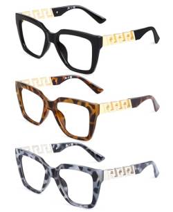 JM 3 Pack Quadratische Lesebrille für Damen Blaues Licht Blockieren, Mode übergroße Blaulichtfilter Brille mit Sehstärke +1.5 von JM