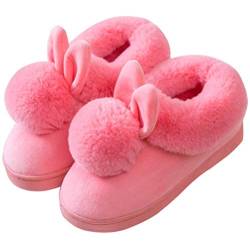 JMAHM Home Shoes Baumwolle Hausschuhe Memory PVC Damenschuhe Plüsch Kaninchen Pompon rutschfest Indoor und Outdoor, Pink - rose - Größe: 40/41 EU von JMAHM