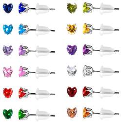 12 Paar Herz Stern CZ Ohrstecker für Frauen, Chirurgische Edelstahl Ohrstecker, Zirkonia Birthstone Ohrstecker Set 4mm (Heart CZ 4MM) von JMFENFA