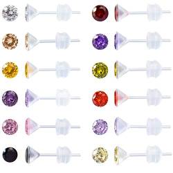 12 Paar Kunststoffohrringe für empfindliche Ohren, Ohrstecker aus Kunststoff für Frauen, Birthstone Zirkonia Ohrstecker Set 3mm (3mm) von JMFENFA