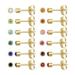 12 Paar Ohr Piercing Ohrstecker Set, vergoldet chirurgischen Edelstahl Multicolor Birthstone Cubic Zirkonia Ohrstecker für Ohr Piercing Guns (Gold 3mm) von JMFENFA