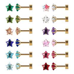 12 Paare flache Rückseite chirurgischen Edelstahl Ohrstecker, Schraube zurück Herz Stern Quadrat Teardrop vergoldet CZ Birthstone Ohrstecker Set Gold Stern 4mm von JMFENFA