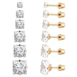 6 Paar chirurgische Edelstahl-Ohrstecker, Schraube zurück vergoldet Herz Stern Quadrat Prinzessin geschnitten Cubic Zirkonia Ohrstecker Set (Gold square Screw back) von JMFENFA