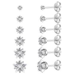 6 Paar chirurgische Edelstahl-Ohrstecker, Schraube zurück vergoldet Herz Stern Quadrat Prinzessin geschnitten Cubic Zirkonia Ohrstecker Set (Silver star Butterfly back) von JMFENFA