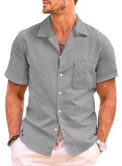 JMIERR Hawaii Hemd Männer Hemd Herren Kurzarm Freizeithemd Sommer Leinenhemd Strand Hawaiihemd Button Down Regular Fit Einfarbig mit Taschen Grau, XL von JMIERR