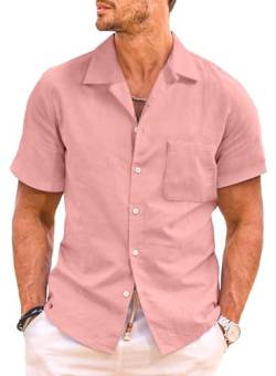 JMIERR Hawaii Hemd Männer Hemd Herren Kurzarm Freizeithemd Sommer Leinenhemd Strand Hawaiihemd Button Down Regular Fit Einfarbig mit Taschen Rot, L von JMIERR