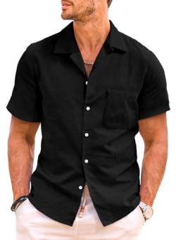 JMIERR Hemd Herren Kurzarm Freizeithemd Businesshemd Leinenhemd Sommer Kurzarmhemd Einfarbig Basic Shirt for Männer Slim Fit Schwarz, L von JMIERR