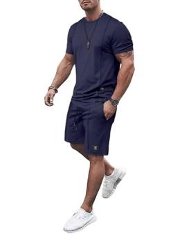 JMIERR Herren 2 Piece T-Shirt mit Short Sommer Trainingsanzug Set mit Taschen 2024 Casual T Shirts und Kurze Hose Männer Baggy Sport Freizeitanzug,Blau 3XL von JMIERR