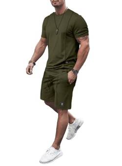 JMIERR Herren 2 Piece T-Shirt mit Short Sommer Trainingsanzug Set mit Taschen 2024 Casual T Shirts und Kurze Hose Männer Baggy Sport Freizeitanzug,Grün L von JMIERR