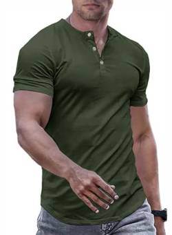 JMIERR Herren Henley-Hemden Muscle Slim Button T-Shirts 2024 Sommer Rippen Kurzarm Sport T Shirt Grün XL von JMIERR