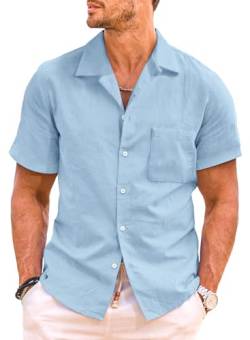 JMIERR Herren Leinenhemd Kurzarm Sommerhemd Freizeithemden Leinenhemd Einfarbig Hemden Sommer T-Shirt Casual Blau, S von JMIERR